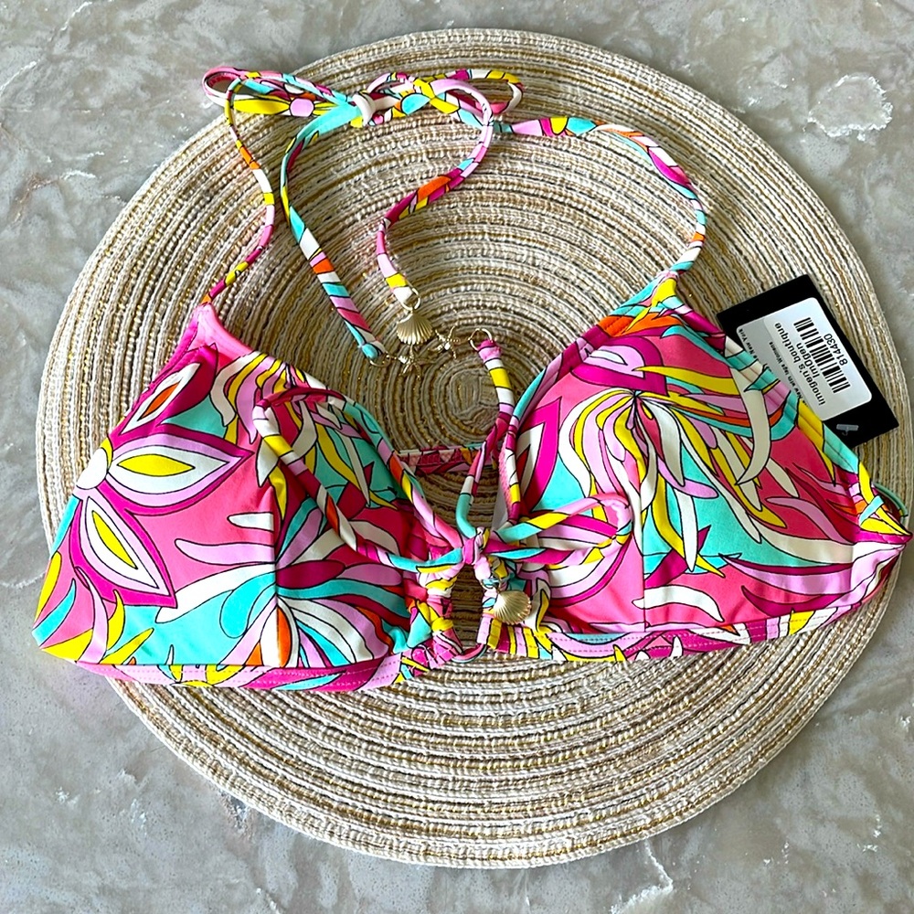 NWT 𝗸𝗮𝘁𝗲 𝘀𝗽𝗮𝗱𝗲 pink multi bikini top halter w gold sea shell star charms M